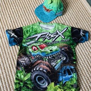 TREX Monster Truck Kids Short Sleeve Tee and hat bundle - Green and Blue